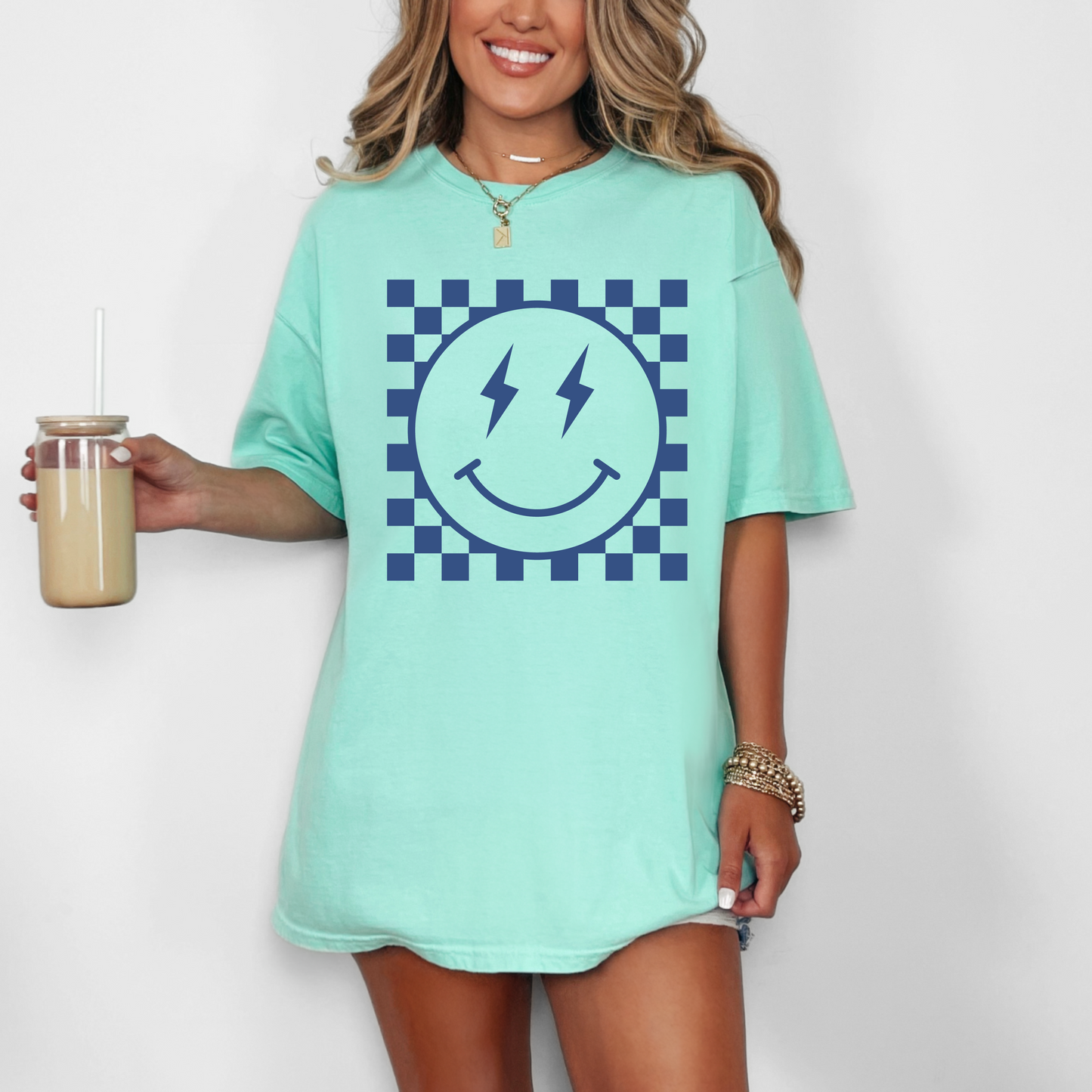 Checkered Happy Face Embossed Tee (DENIM)
