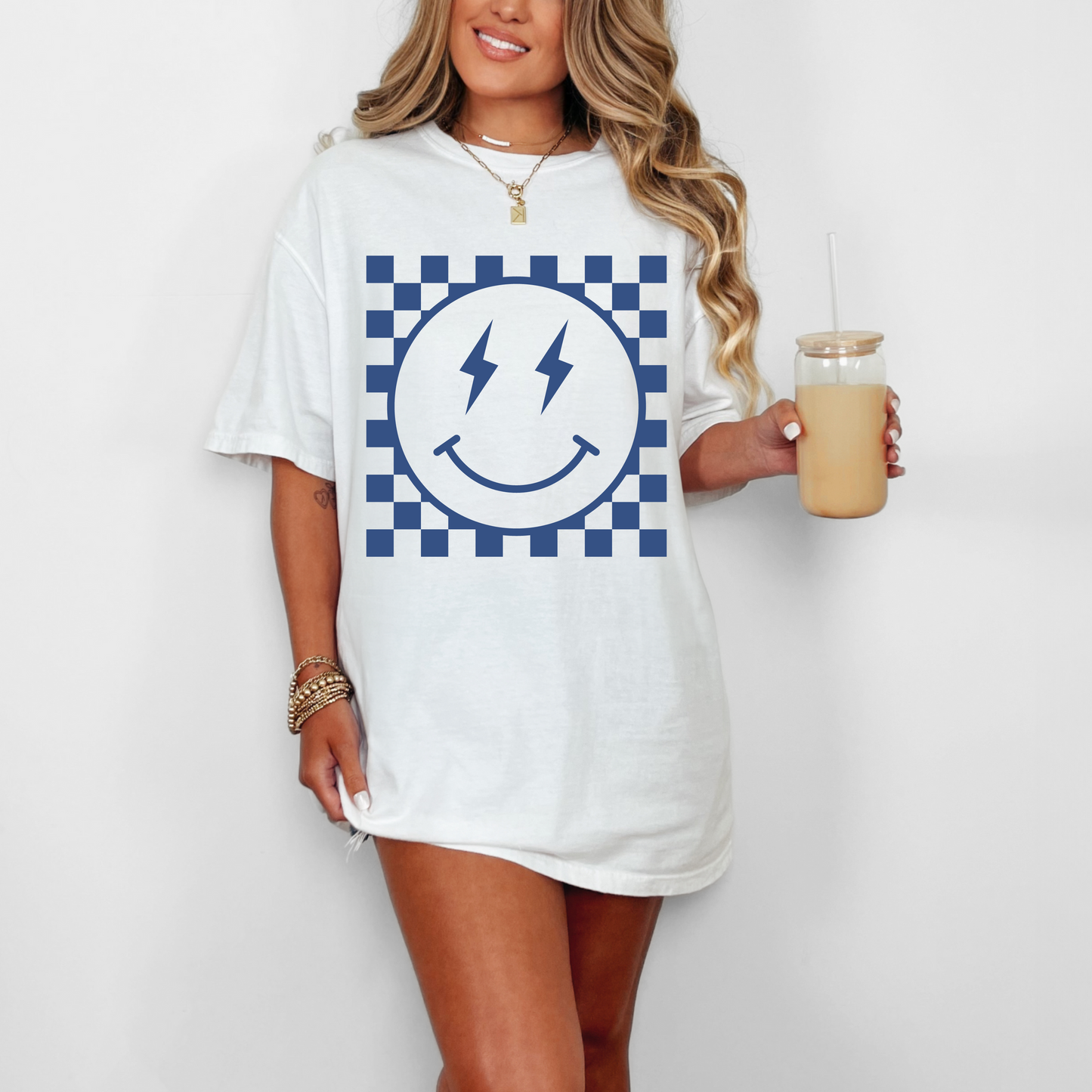 Checkered Happy Face Embossed Tee (DENIM)