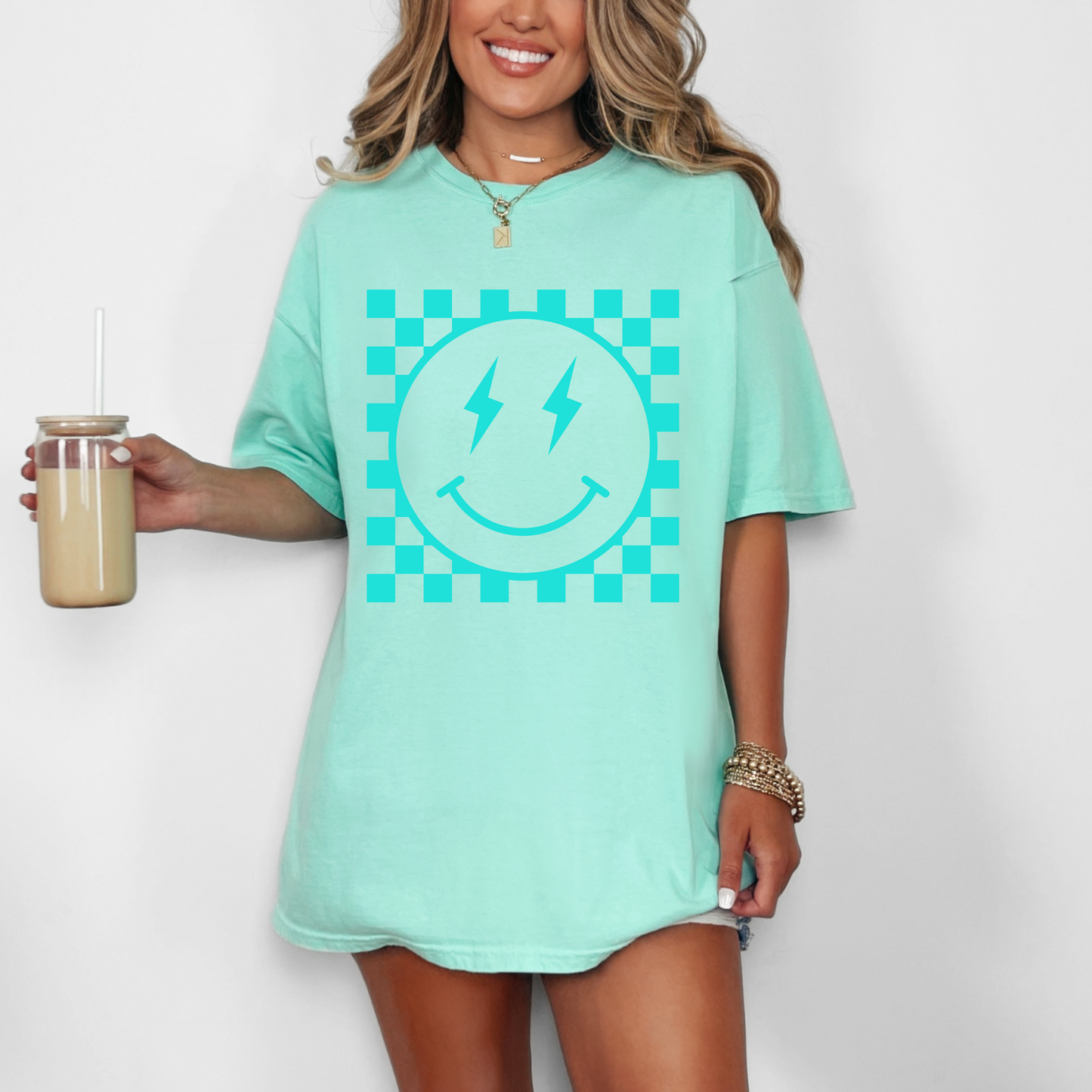 Checkered Happy Face Embossed Tee (MINT)