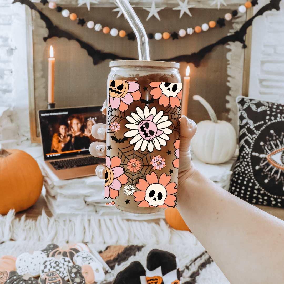 Floral Skull Glass Can