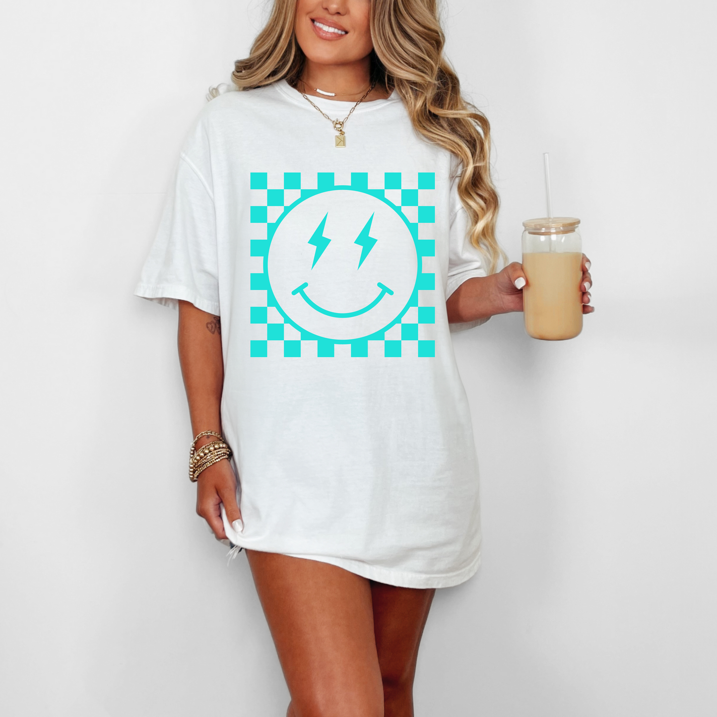 Checkered Happy Face Embossed Tee (MINT)