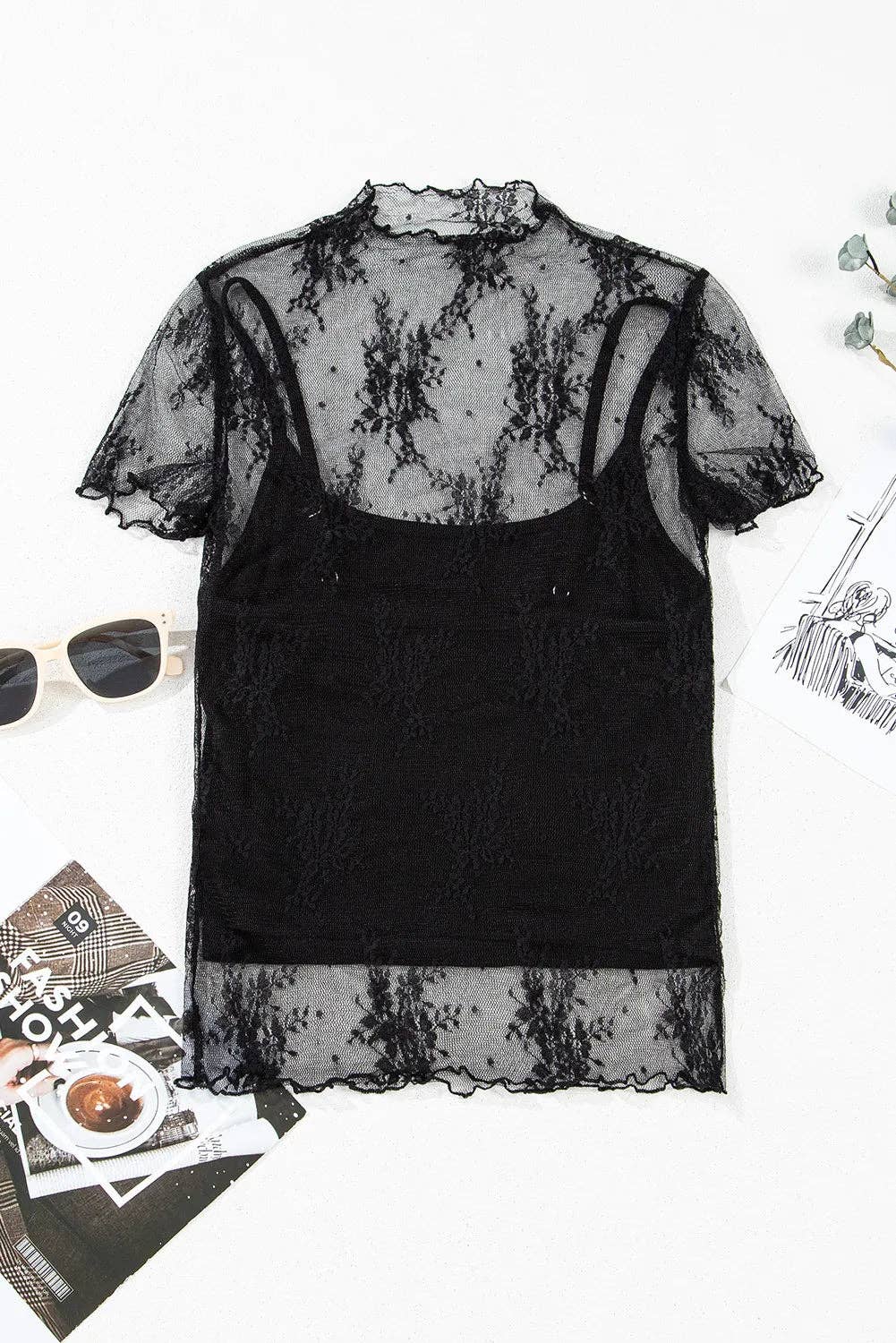 Floral Mesh Short Sleeve Summer Blouse