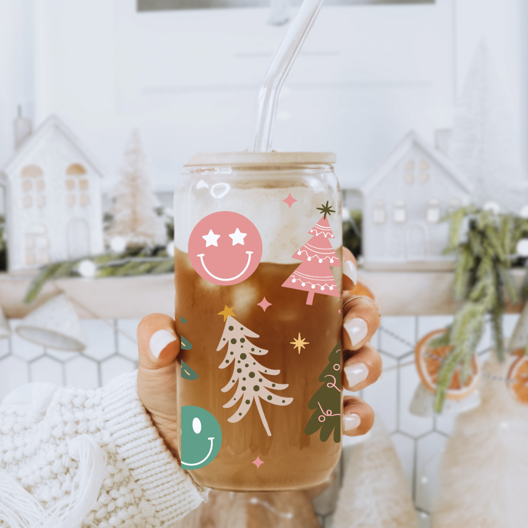 Christmas Tree & Smiley Face Glass Can