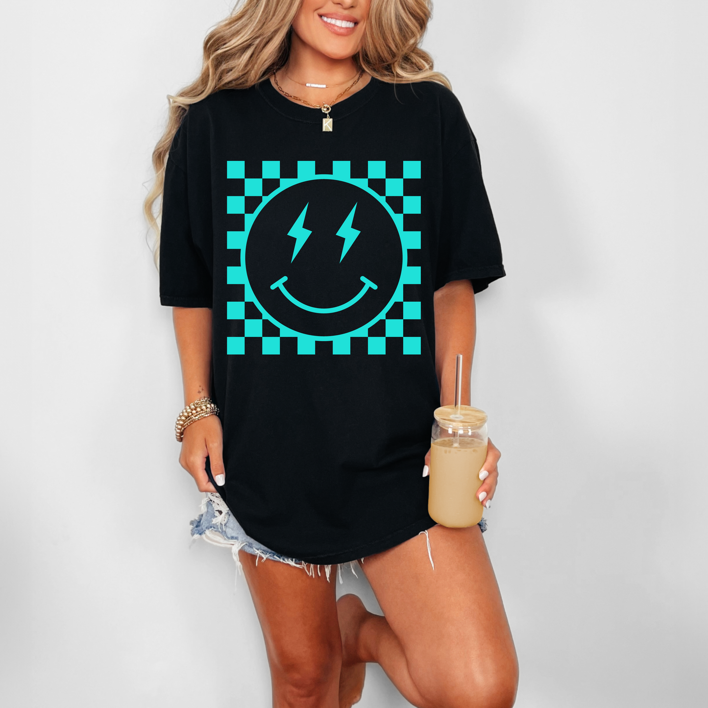 Checkered Happy Face Embossed Tee (MINT)