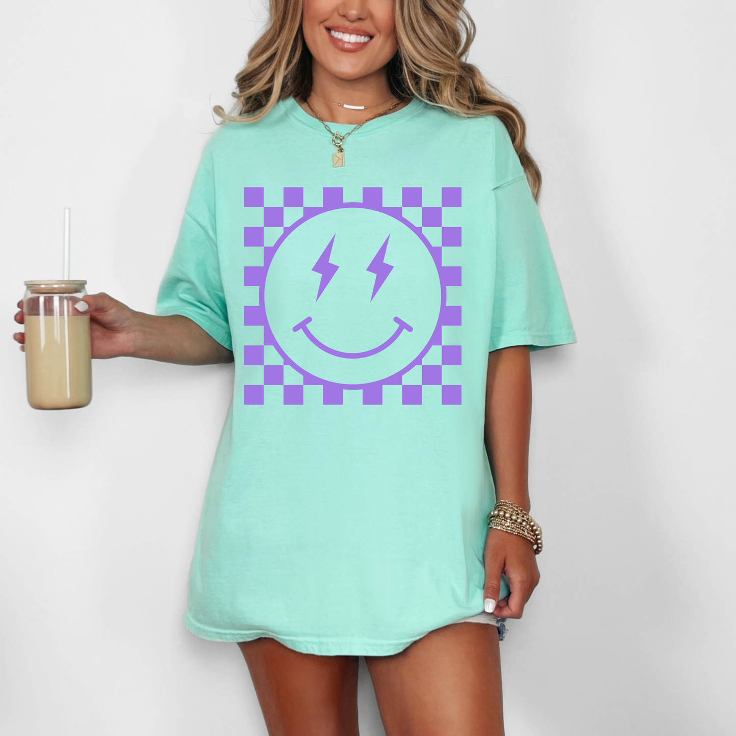 Checkered Happy Face Embossed Tee (PURPLE)