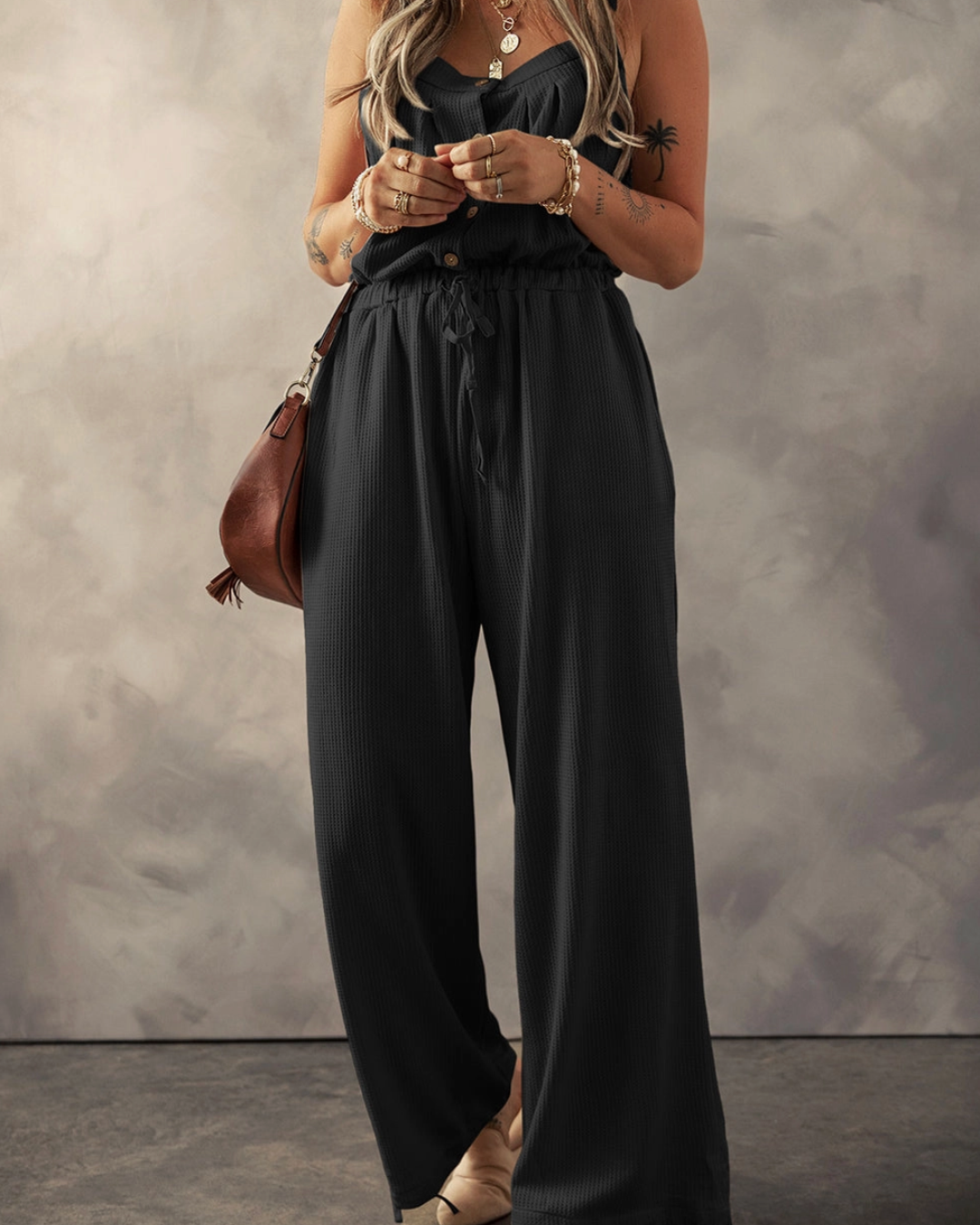 Button Up Textured Jumpsuit