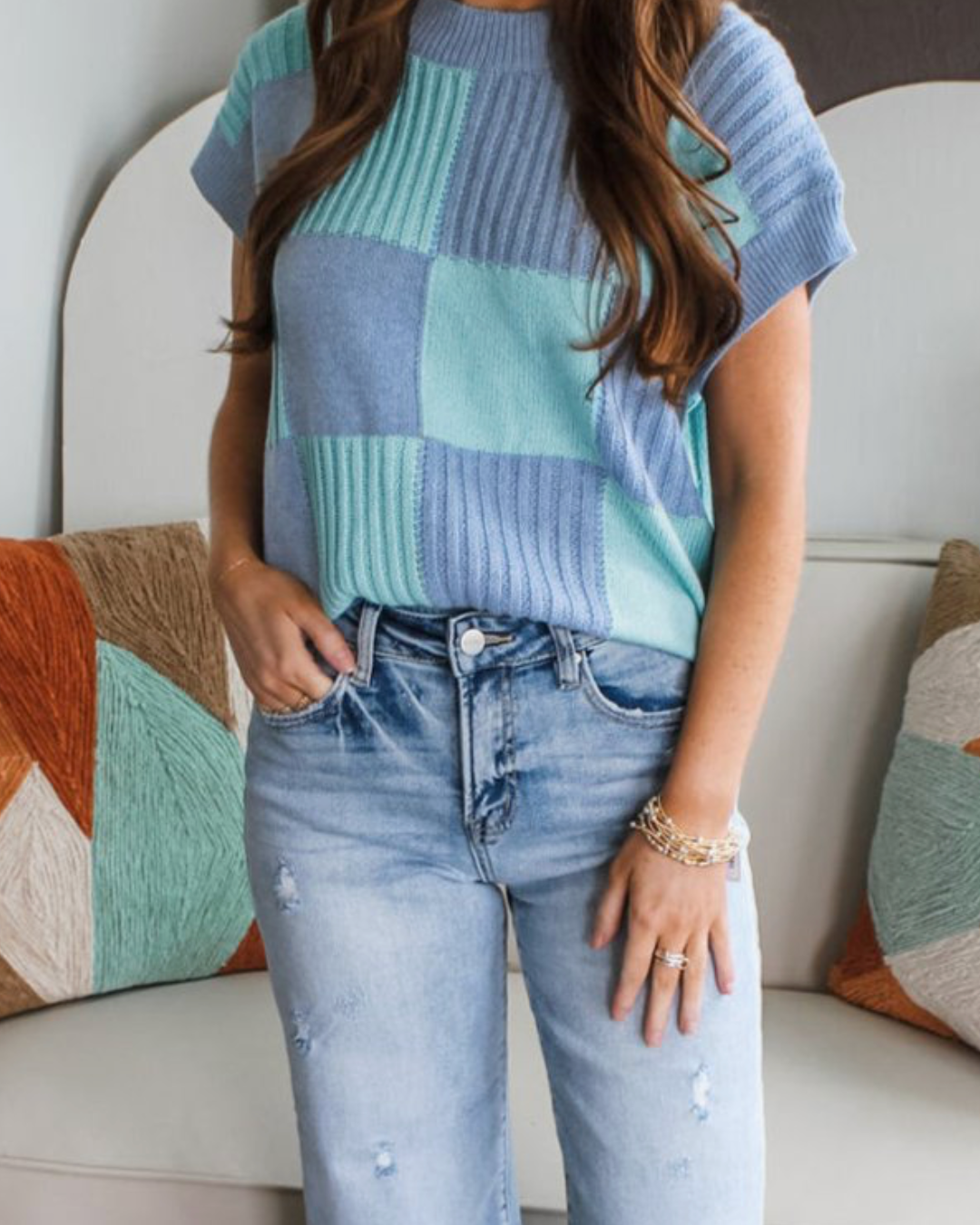 Checkered Short Sleeve Sweater