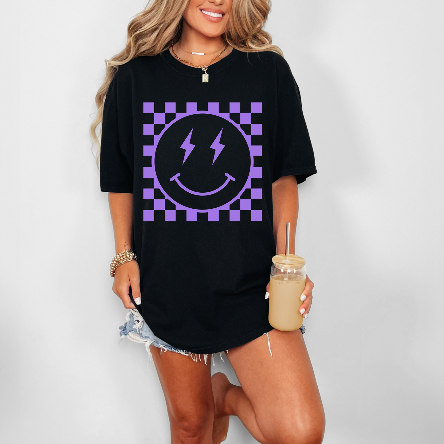 Checkered Happy Face Embossed Tee (PURPLE)