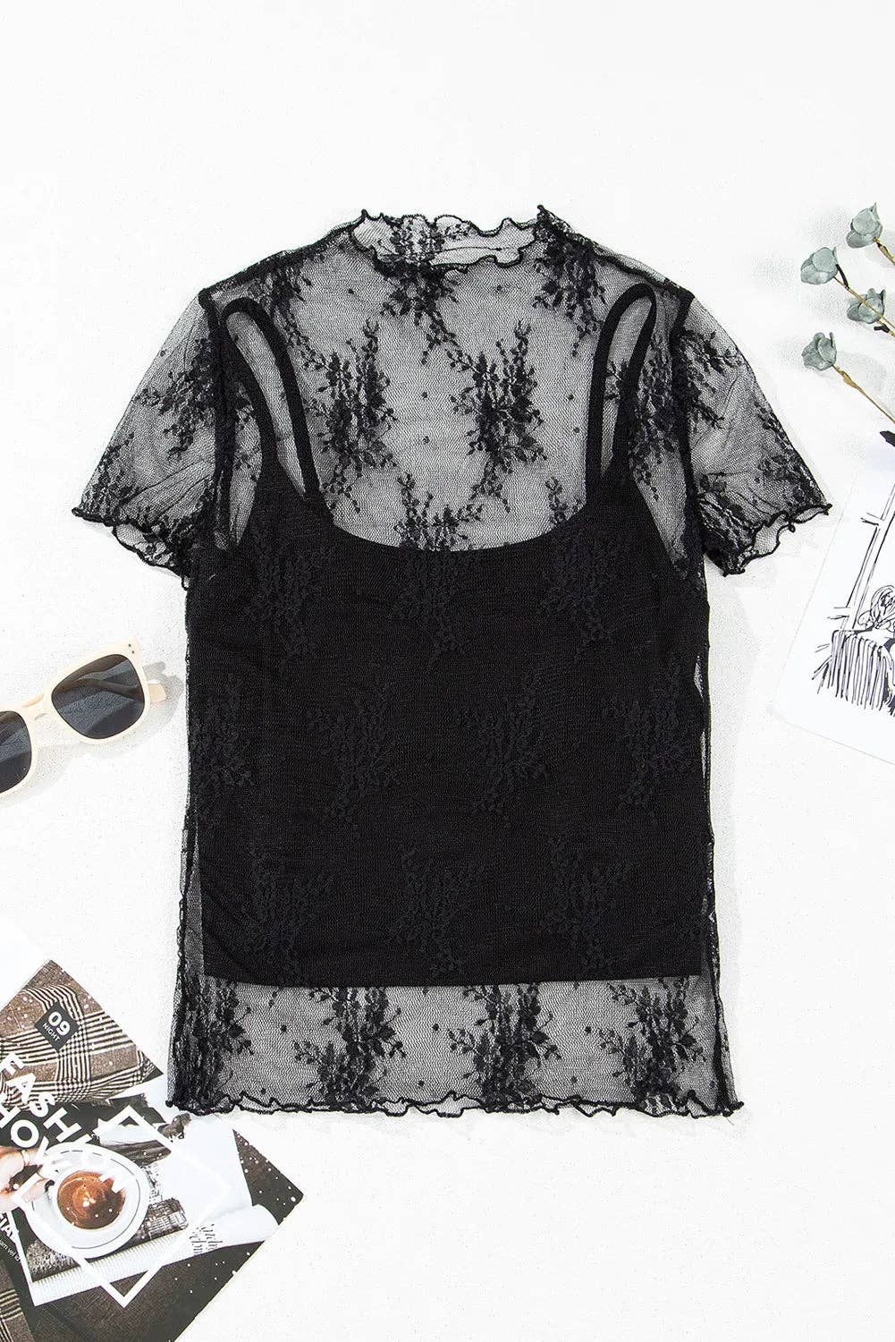 Floral Mesh Short Sleeve Summer Blouse