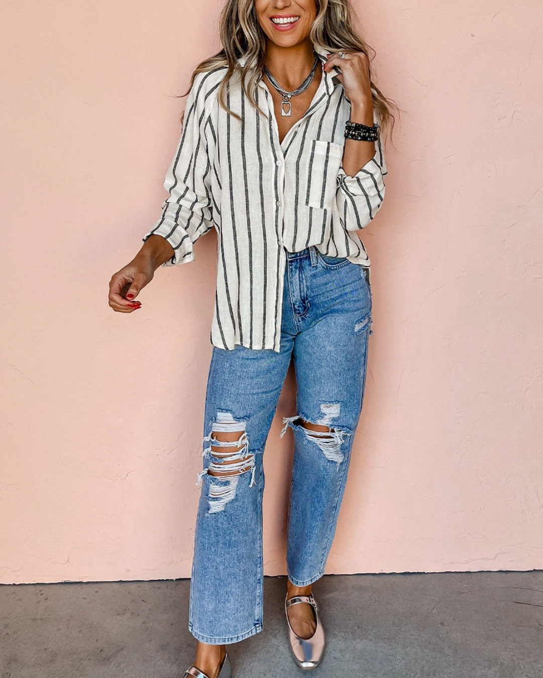 Strip Button Oversized Shirt