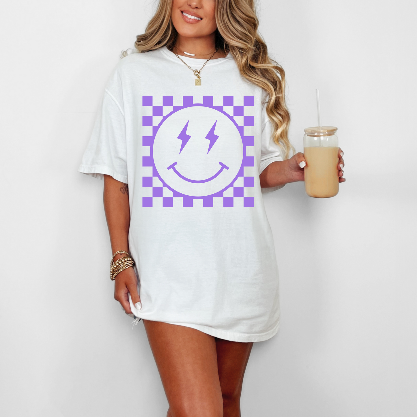 Checkered Happy Face Embossed Tee (PURPLE)
