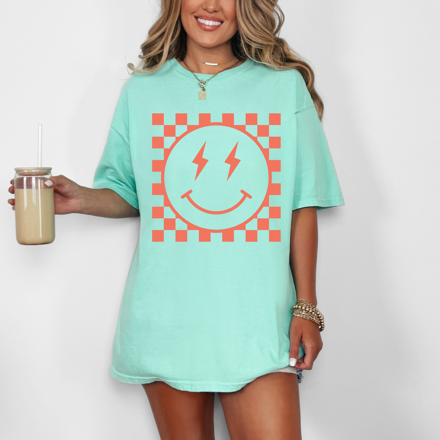 Checkered Happy Face Embossed Tee (CORAL)