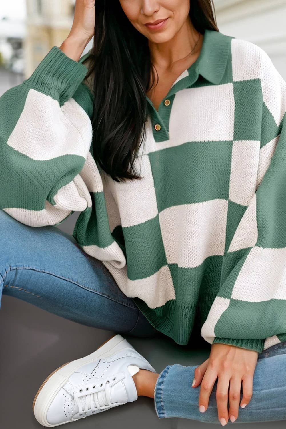 Checkered V Neck Sweater
