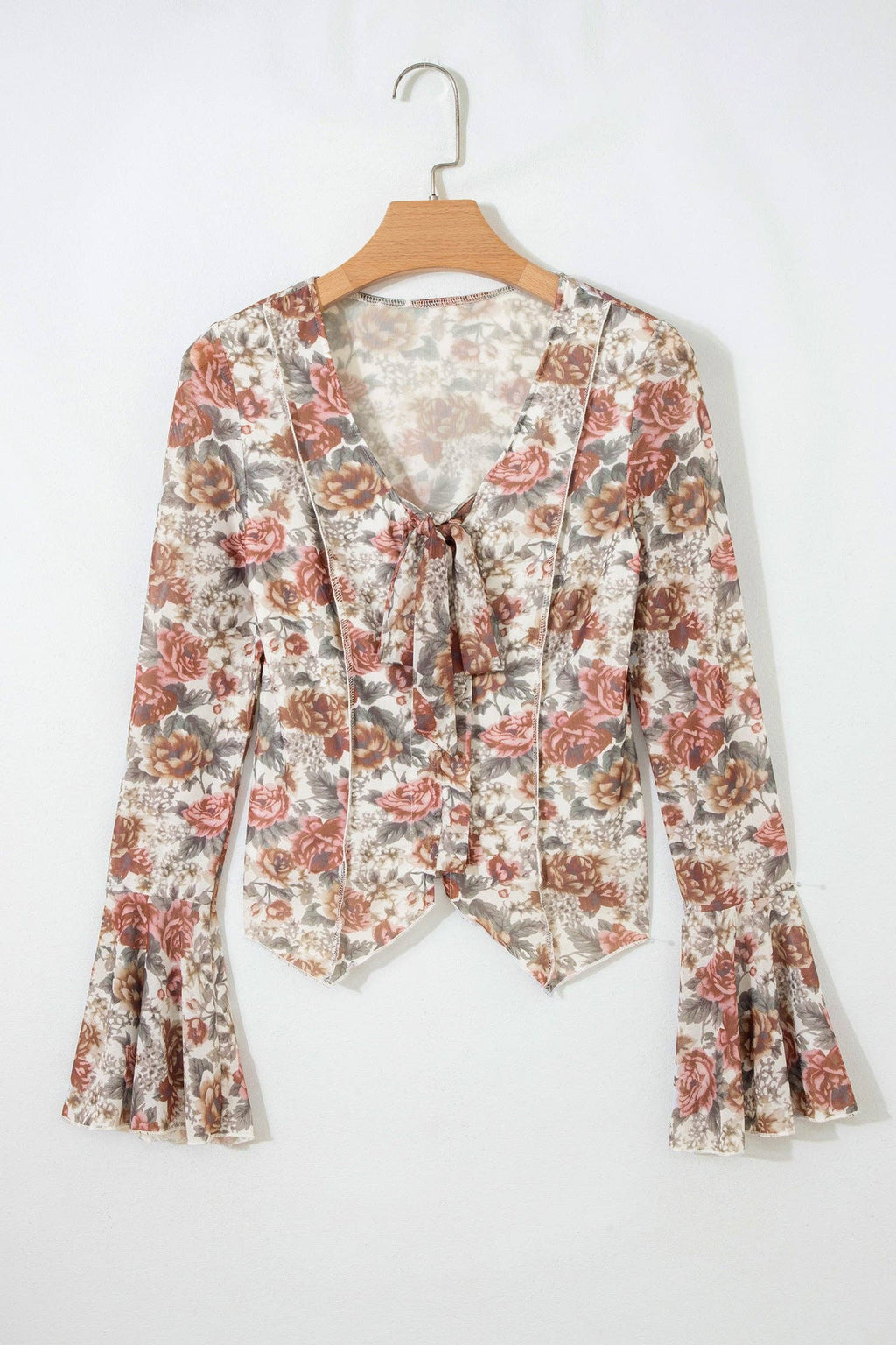 Floral Tie V-Neck Long Bell Sleeve Blouse