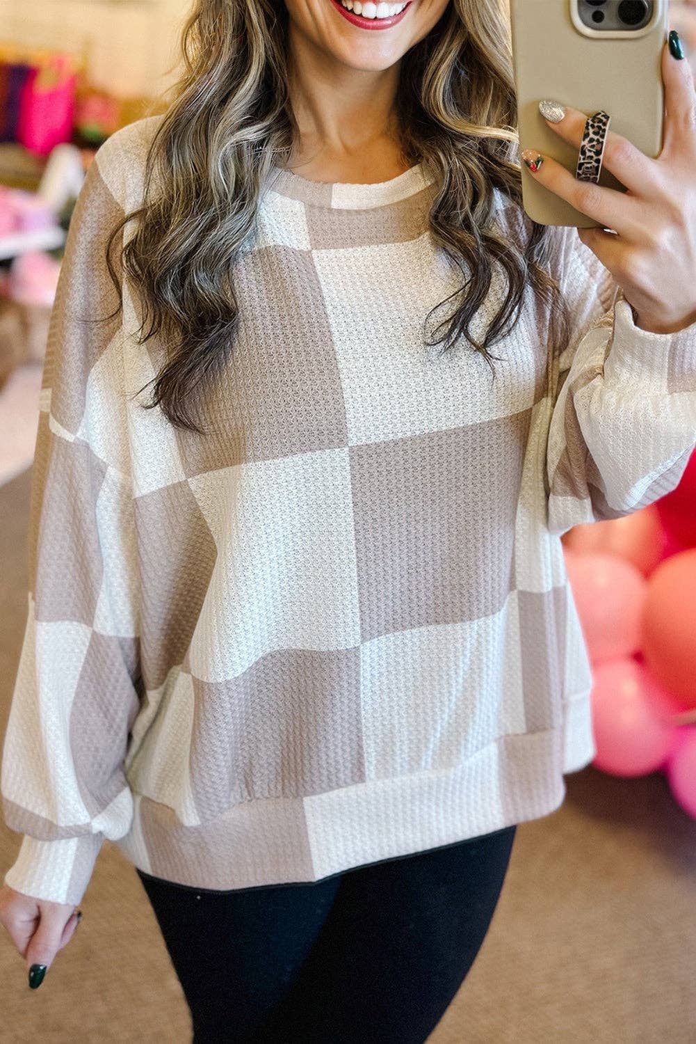 Checkered Textured Knit Sweater