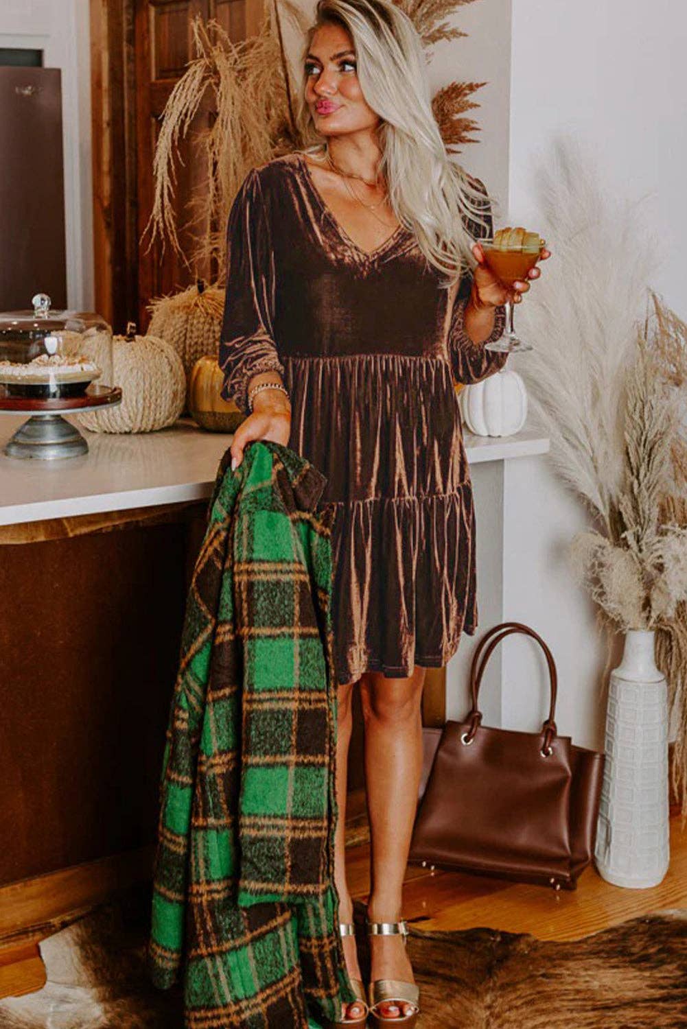Coffee Velvet Dress