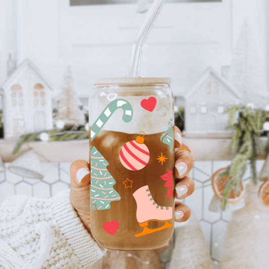 Candy Cane & Figure Skates Glass Can