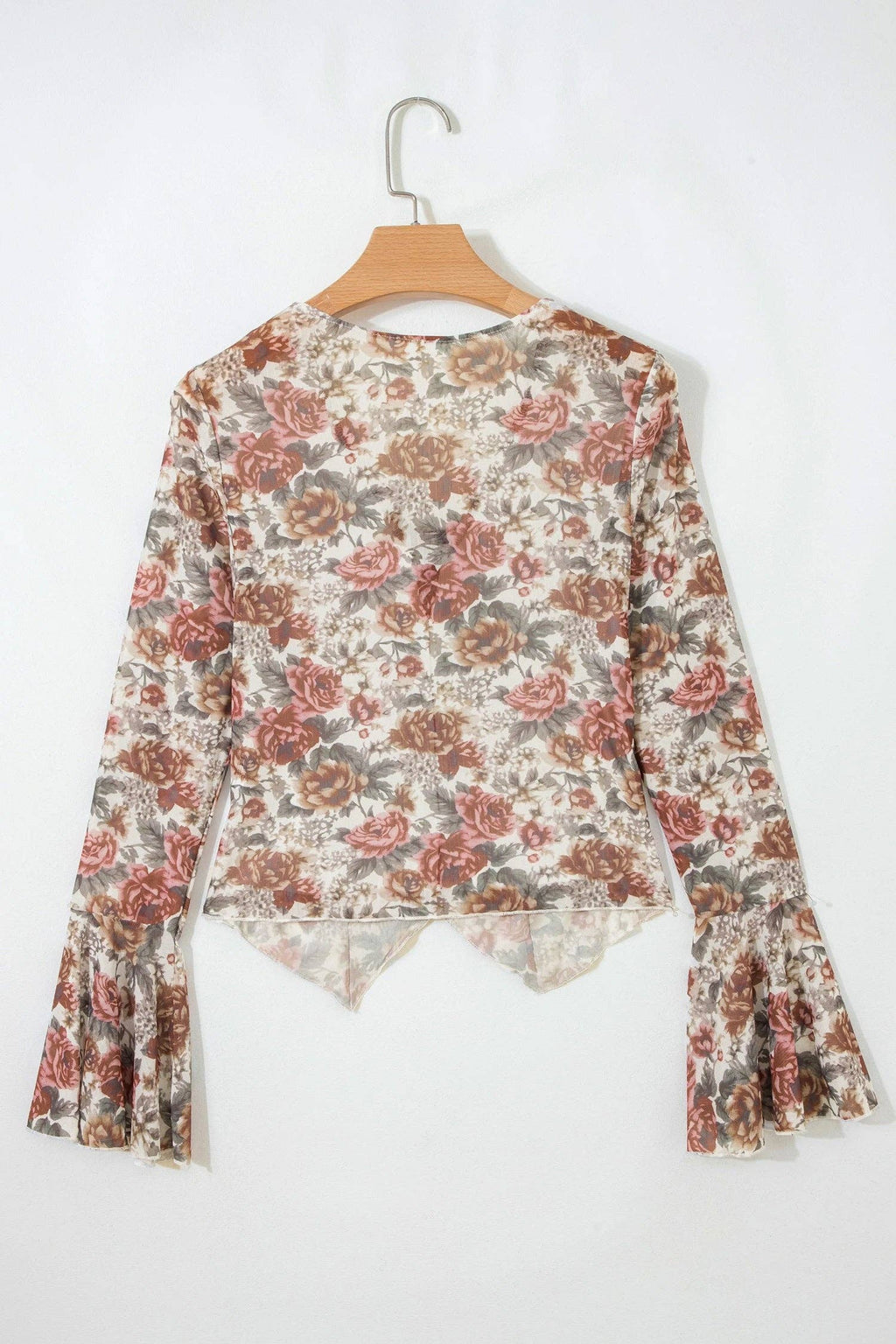 Floral Tie V-Neck Long Bell Sleeve Blouse