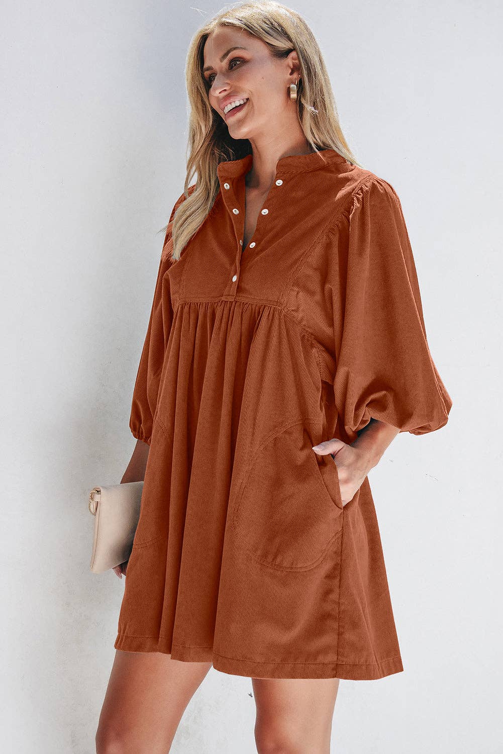 Corduroy 3/4 Sleeve Button Dress