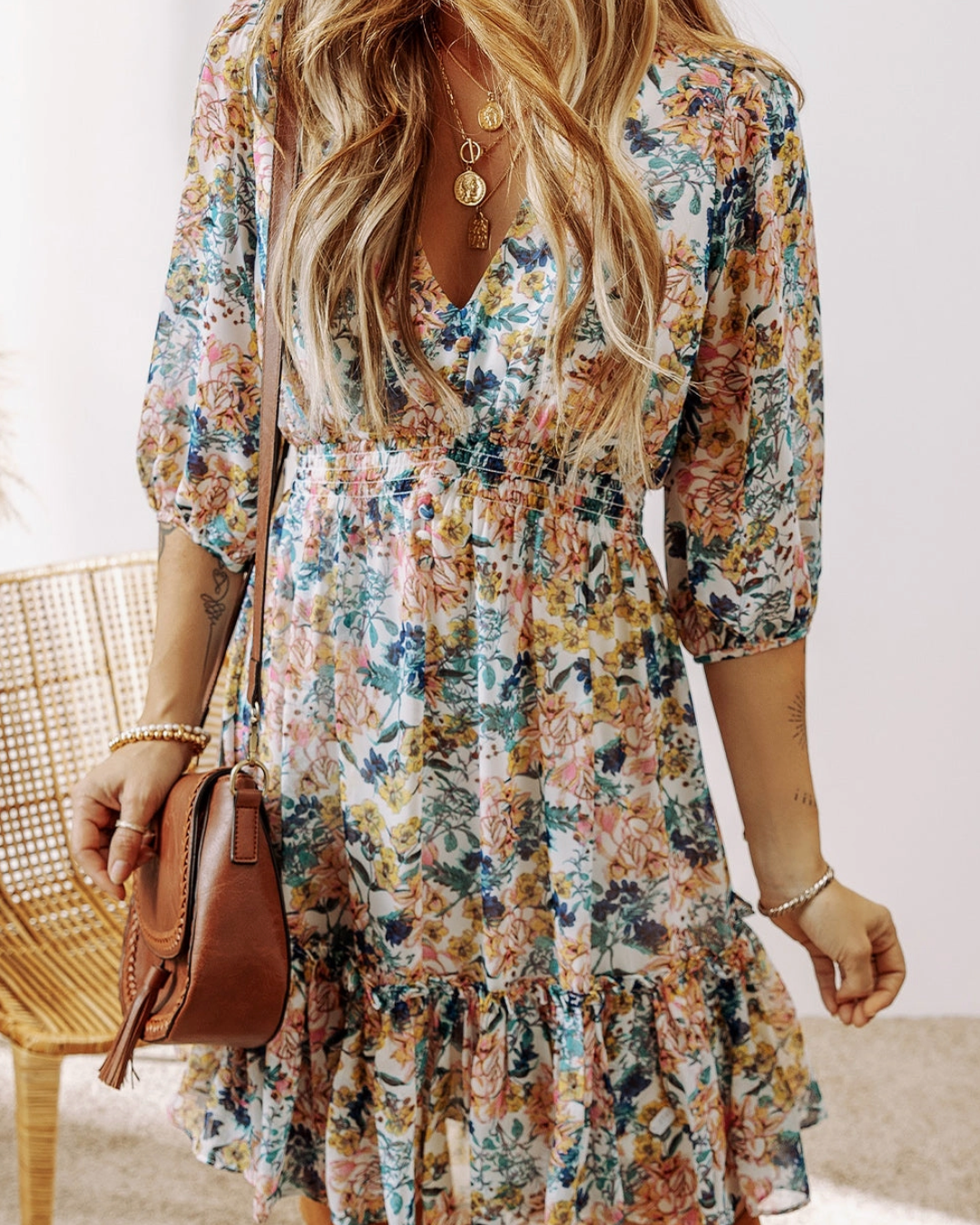 Floral Ruffle V-Neck Dress