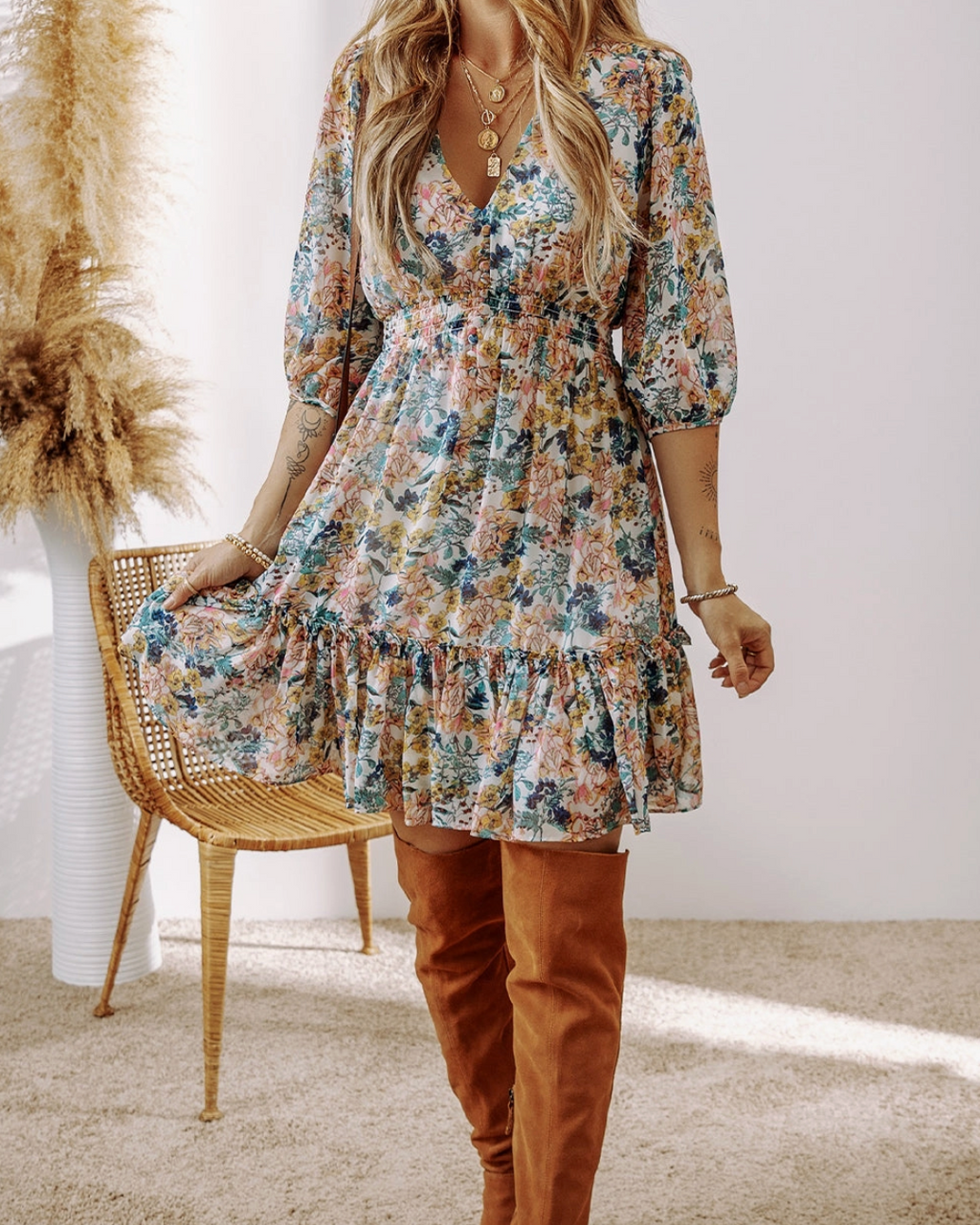 Floral Ruffle V-Neck Dress