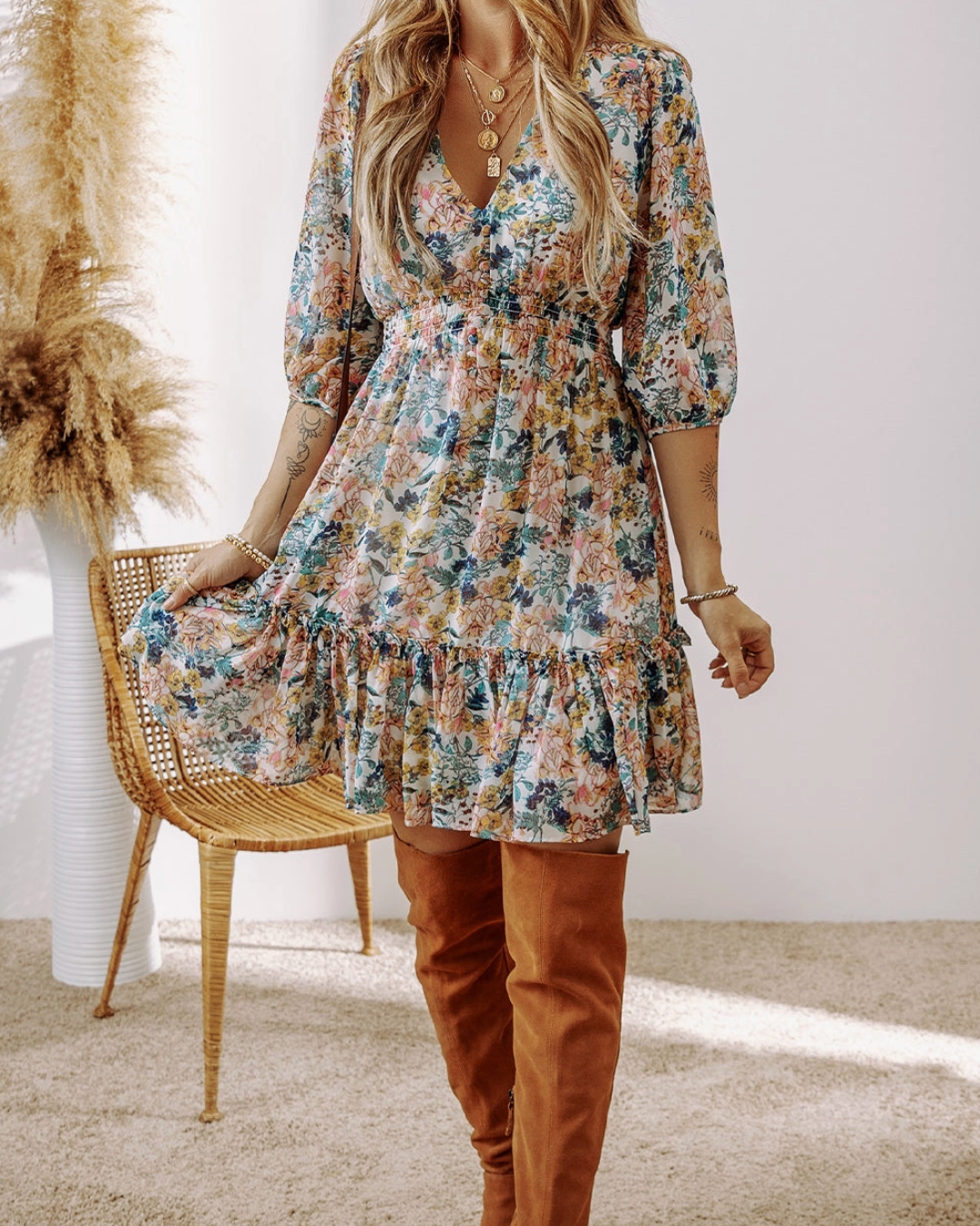 Floral Ruffle V-Neck Dress