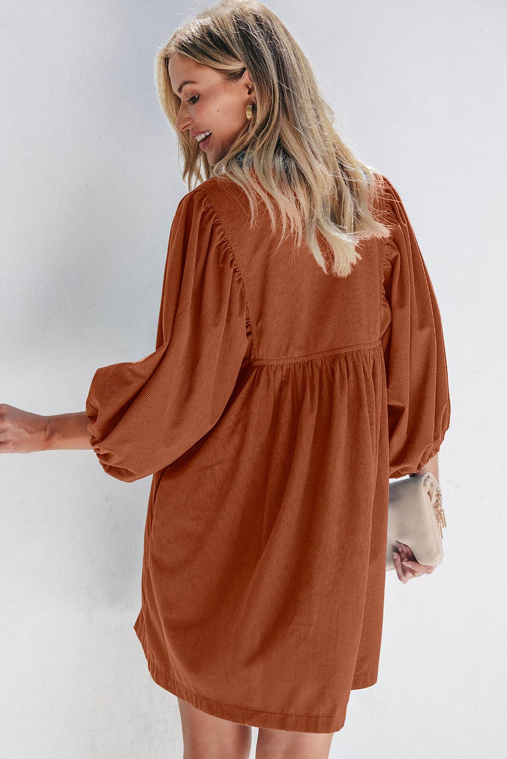 Corduroy 3/4 Sleeve Button Dress