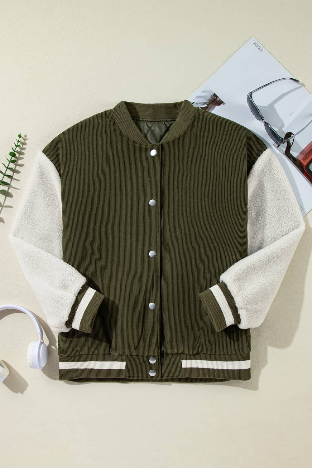 Corduroy Fleece Buttoned Bomber Jacket