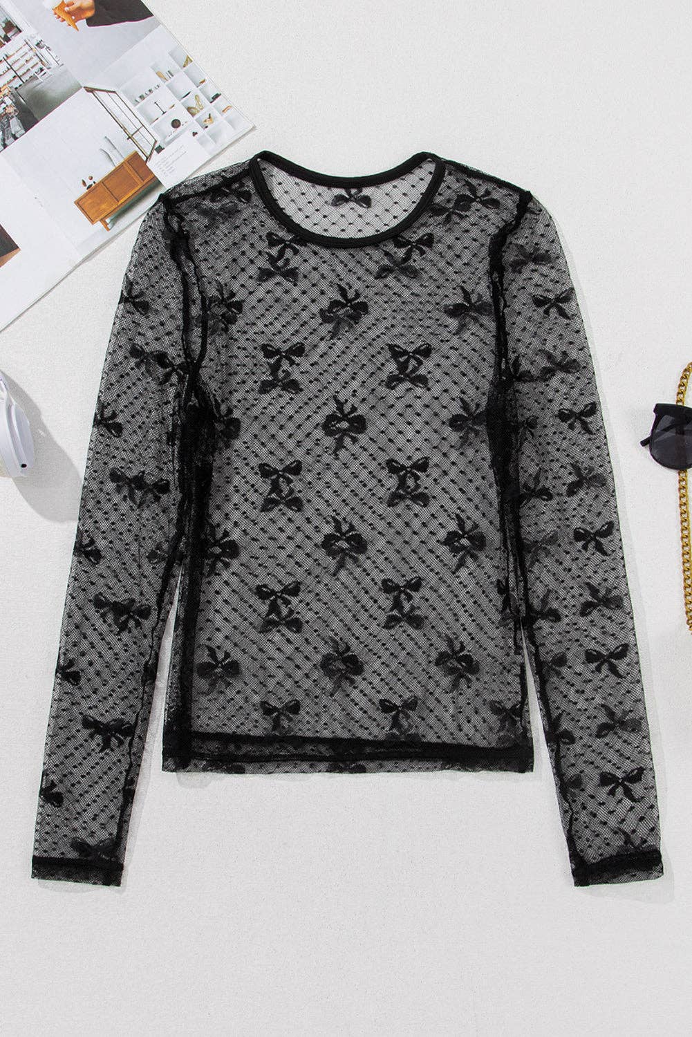 Bow Mesh Long Sleeve Top