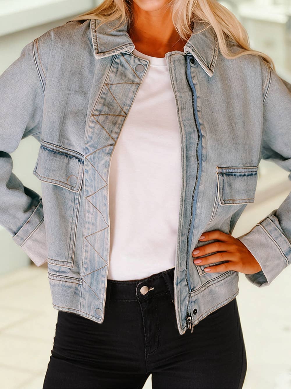Zip Up Washed Denim Jacket