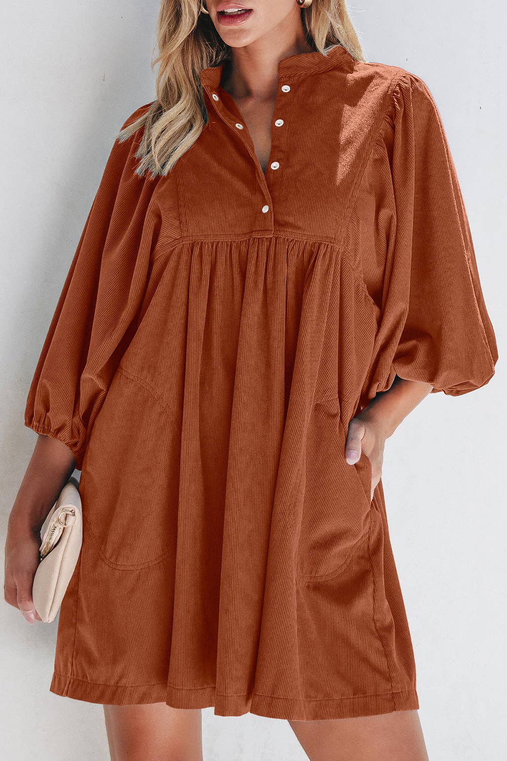 Corduroy 3/4 Sleeve Button Dress