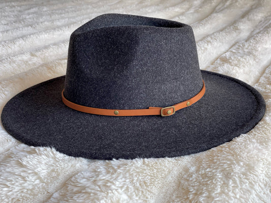 Wool Blend Wide Brim Hat w/ Belt - Black