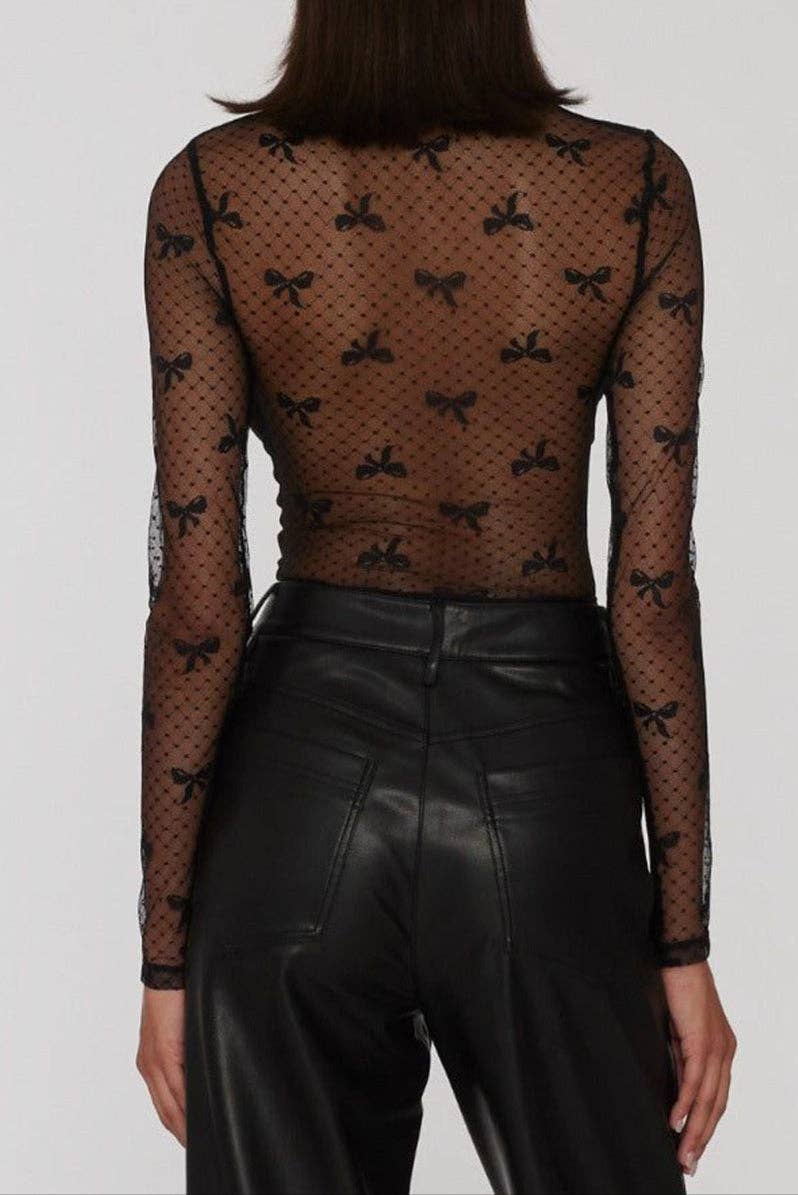 Bow Mesh Long Sleeve Top