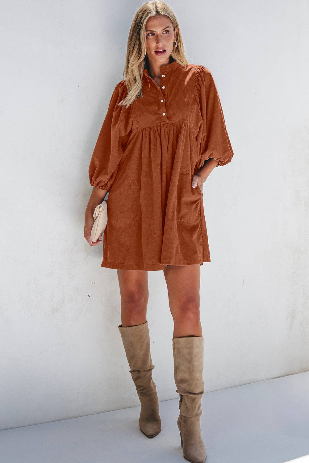 Corduroy 3/4 Sleeve Button Dress