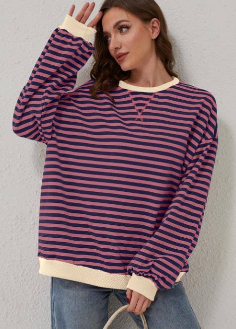 Trendy Striped Sweatshirt~Dark Red