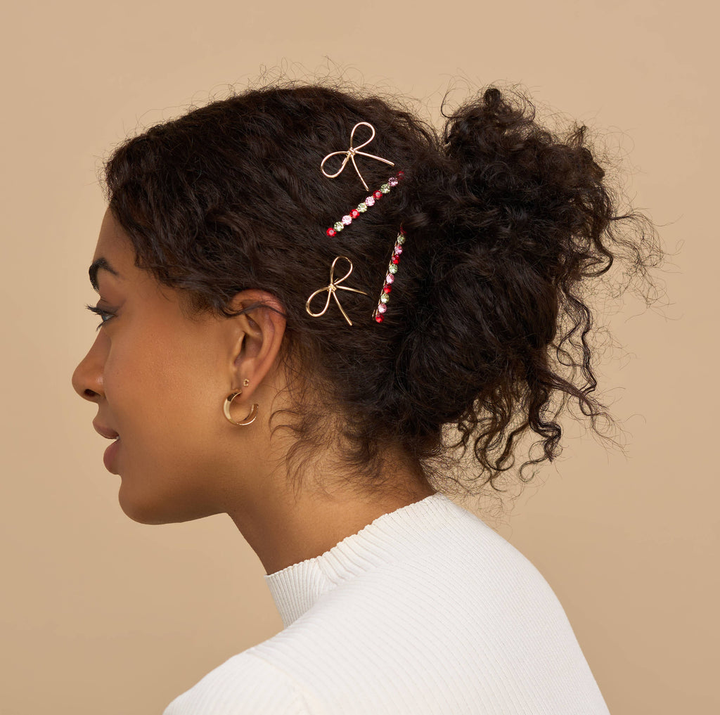 Holiday Gemstone and Bow Bobby Pins 4pc Set